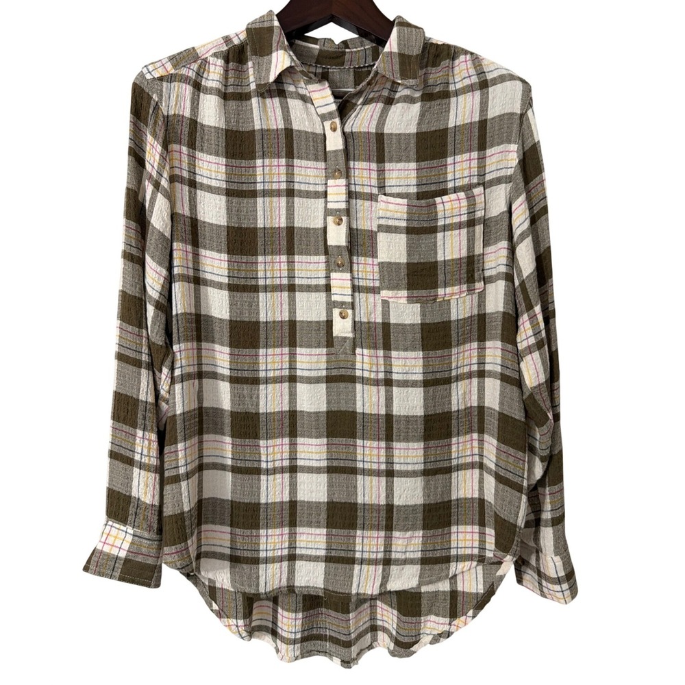 By Anthropologie Isadora Button Back Plaid Blouse Olive Green Brown Women Medium